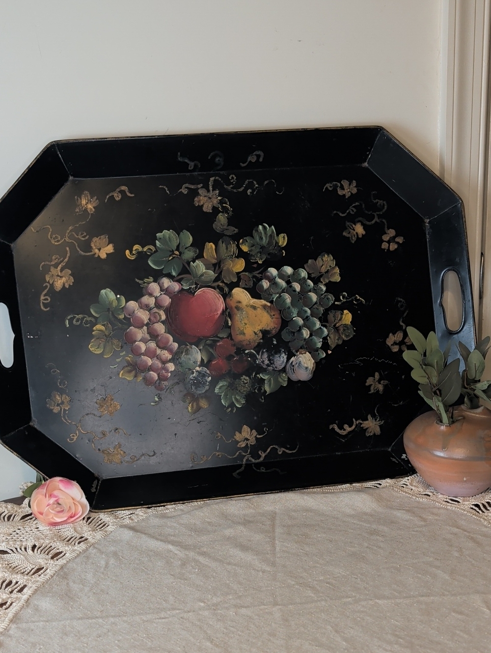 Vintage Large Hand Painted Toleware Tray Fruit Still Life Cottagecore Grannycore